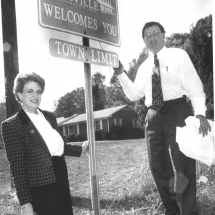 Lewisville Town Limits Sign. First Lewisville Mayor, Hank Chilton on right